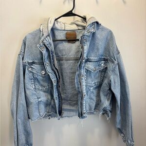 American Eagle Outfitters Blue Denim Jacket with Gray Hoodie